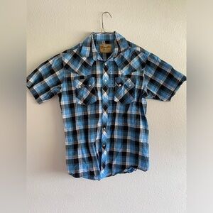 Wrangler Short Sleeve Shirt Blue/Black Plaid Western Pearl Snap - Men’s Medium